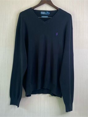 Polo by Ralph Lauren Men's Black V-Neck 100% Pima Cotton Sweater Purple Pony XXL